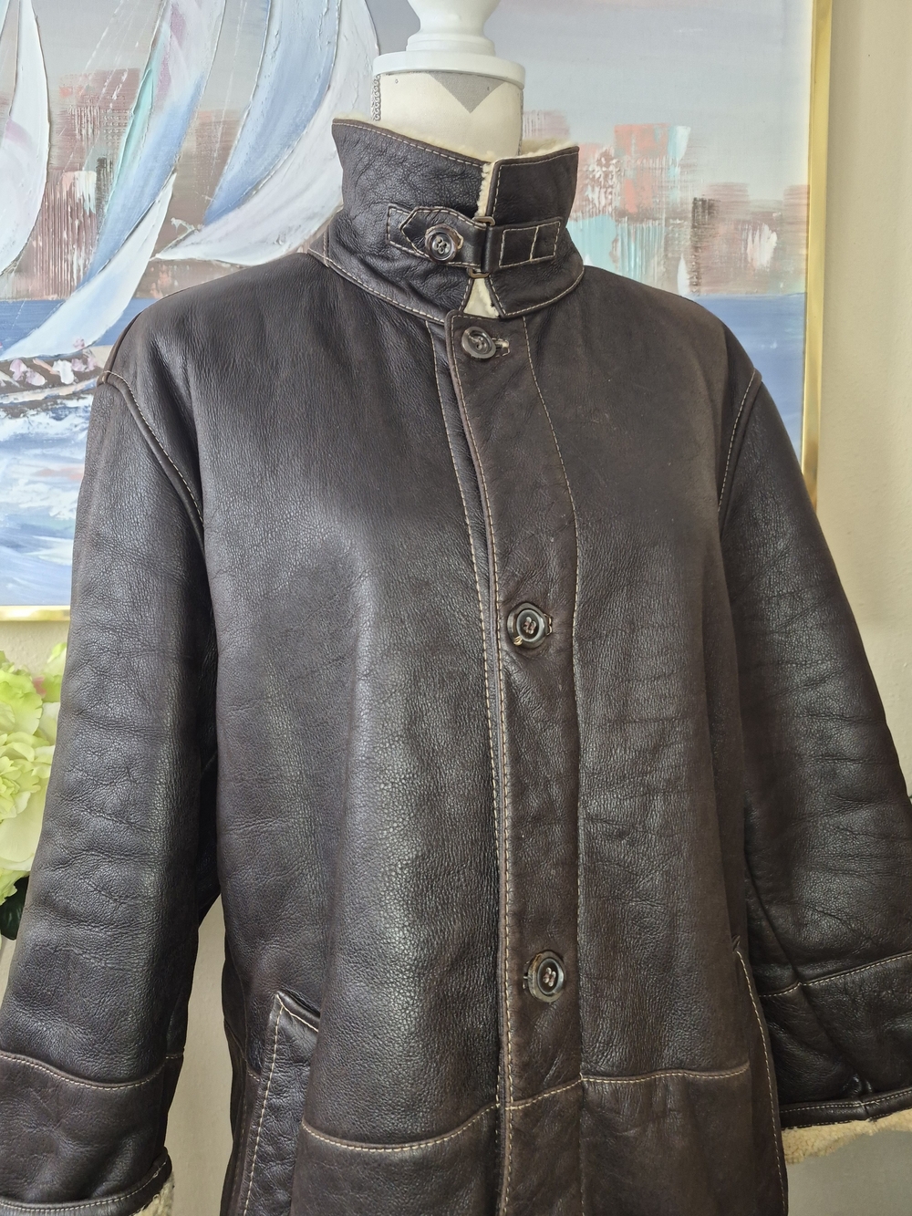 Vintage Gimos Women's Dark Brown Shearling-Trim Leather Trench Coat
